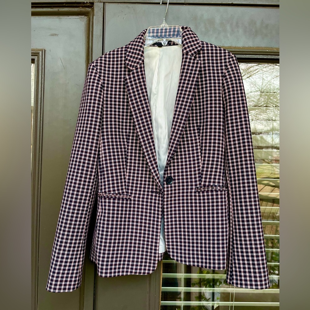 Women’s 4 - Express Single Notch Plaid Blazer - Pink Black and White